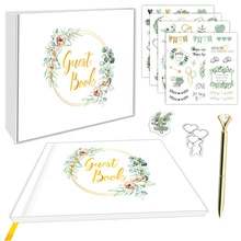 Wedding guest book set with gold foil linen book, diamond pen, and decorative stickers