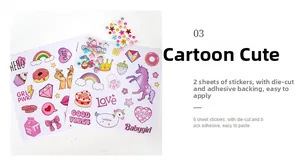 Detailed view of pink DIY journal stickers with unicorns and rainbows for scrapbook kits