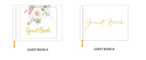 Detail view of two wedding guest books with floral and minimalist gold foil cover designs