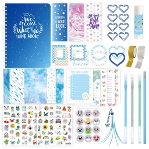 Blue DIY journal set with spiral notebook stickers and stationery in a gift box packaging
