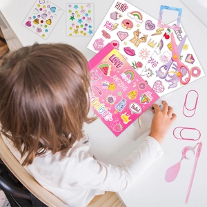 Pink DIY scrapbook journal set for girls with colorful stickers and stationery accessories
