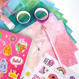 Pink DIY journal set for girls including notebook, glitter pen, and decorative washi tapes