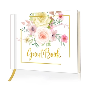 Elegant floral Guest Book with gold foil lettering and silk ribbon for wedding registry