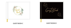 Detail showing white floral and black gold ink hardcover wedding guest books with bookmarks