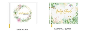 Detail view of German wedding Guest Book and Baby Shower album with gold binding