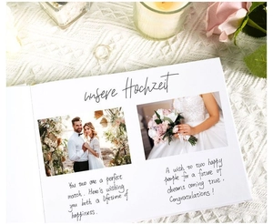 Detailed view of open wedding guest book featuring German text and romantic bridal photos