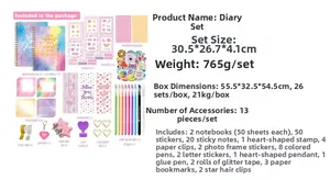 Macro detail of DIY journal set showing glitter pens, stickers and stationery components