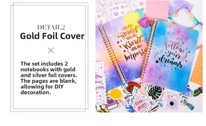 Detail of DIY journal set showing metallic foil lettering and colorful stickers