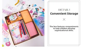 Detail view of DIY journal set with stickers and pens in a pink storage box