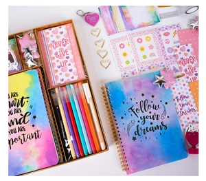 Flat lay of pink and purple celestial journal set with notebook, pens, and stickers