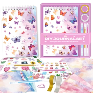 DIY Journal Set Scrapbooking Kit For Girls Kids Notebook With Stickers Glitter Tape Highlighter Pens Heart Clips Stationery Set School Gift