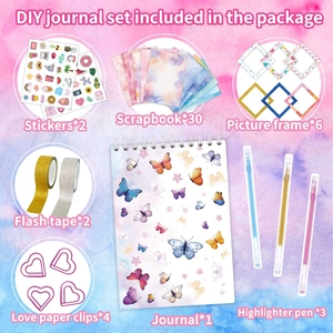 DIY Journal Set including notebook, stickers, scrapbook papers, frames, and glitter tape