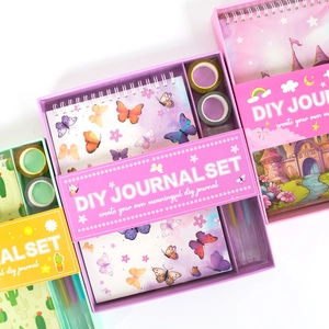 DIY Journal Set gift boxes with spiral notebooks, washi tapes, and colorful pens