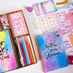 DIY Journal Set for girls with watercolor notebooks stickers and 12 colorful fineliner pens