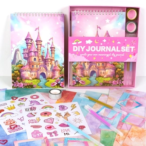 Pink and purple DIY Journal Set with notebook stickers tape and glitter pens for kids