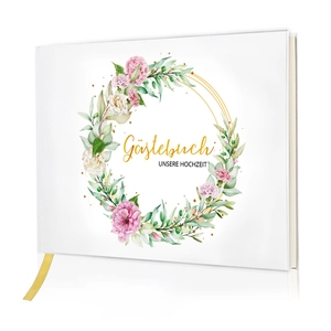 Wedding Guest Book Hardcover German Gästebuch Flower Wreath Gold Foil Sign In Book Ribbon Bookmark Pen And Stickers