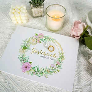 German Guest Book for weddings with floral wreath and gold rings on white cover