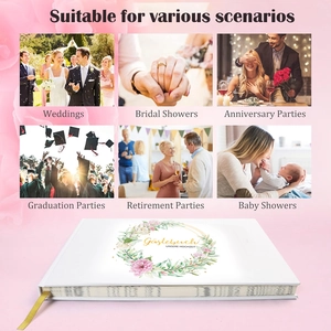 Floral white hardcover guest book for weddings with German text and event scenes
