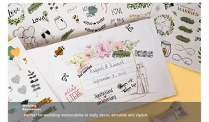 Detailed view of floral and heart-themed wedding stickers for DIY scrapbooks and albums