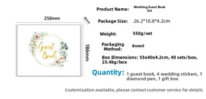 Wedding guest book set with gold foil cover, diamond pen, and stickers in a premium gift box