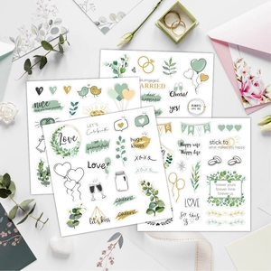 Wedding scrapbook stickers set featuring botanical designs and romantic quotes on white background