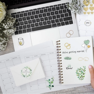 Creative wedding scrapbook stickers with gold rings and green leaf heart decorations