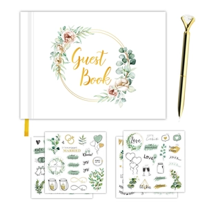 Wedding guest book set with gold diamond pen and green botanical decorative stickers