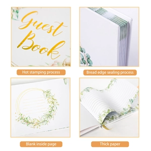 Elegant white guest book with gold foil lettering and floral patterns for weddings