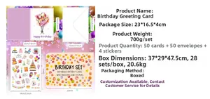 Set detallado de 50 tarjetas de cumpleaños plegadas, 50 sobres y pegatinas decorativas