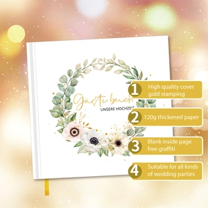 Livre d'or de mariage blanc élégant avec couronne florale dorée et motifs botaniques