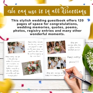 Elegant white wedding guest book with 120 pages on a wooden desk with flowers and pen
