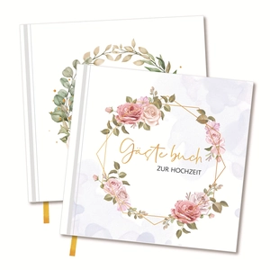 Floral wedding guest book set with gold geometric rose wreath and Gästebuch text