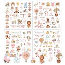 Detail showing bohemian baby milestone stickers with animals, rainbows and hot air balloons