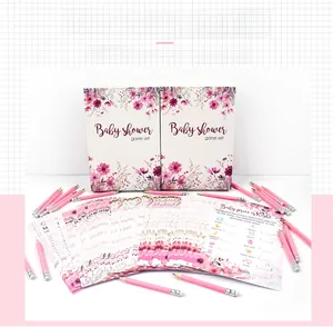 Detailed set of 145 floral baby shower game cards with pink pencils and gift boxes