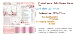 Floral baby shower game set including 125 cards and 20 pink pencils with size details