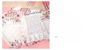 Floral baby shower game cards set with word search and guest message cards on pink background