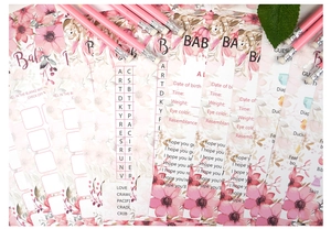 Detailed view of floral baby shower game cards with pink pencils for DIY party activities