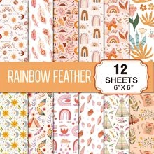 6x6 inch scrapbooking paper pack with 12 sheets of rainbow feather patterns