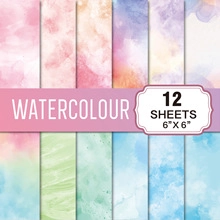Macro detail of 6x6 inch watercolor scrapbook paper sheets with 12 colorful patterns