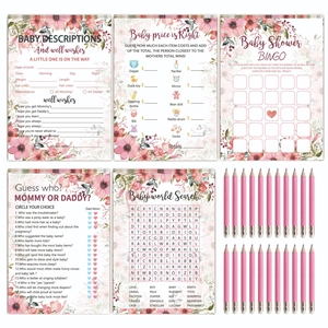 Baby Shower Game Cards And Pencils Pink Floral Interactive Activity Paper Fun For Newborn Celebration Party