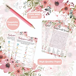 145-piece floral baby shower game set with pink pencil and guessing activity cards