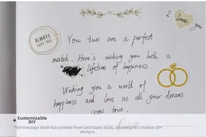 Detail of wedding guest book featuring gold stickers and cream paper for DIY recording
