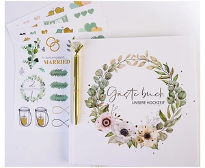 Wedding guest book set with gold pen, floral stickers, and white hardcover notebook