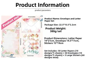 Detailed size specifications for floral watercolor envelope and stationery letter sets