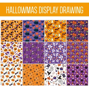 12 styles of Halloween scrapbooking paper featuring pumpkins, ghosts, and bats patterns