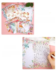 Close-up of premium thick floral stationery set with paper, envelope, and stickers