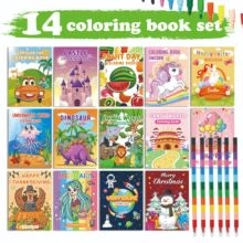 Set of 14 themed coloring books for kids featuring rainbow pencils and diverse cartoon motifs