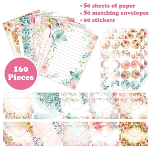 160-piece floral watercolor stationery set with 50 sheets 50 envelopes and 60 stickers