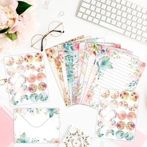 Floral watercolor stationery set with lined paper, envelope and round sticker labels