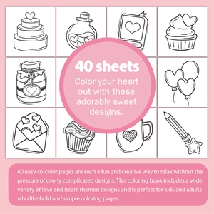 Set of 40 bold minimalist love-themed coloring pages for kids and adults to enjoy